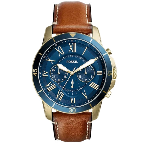 Fossil Grant Reloj cronógrafo de piel para hombre con esfera azul FS5268