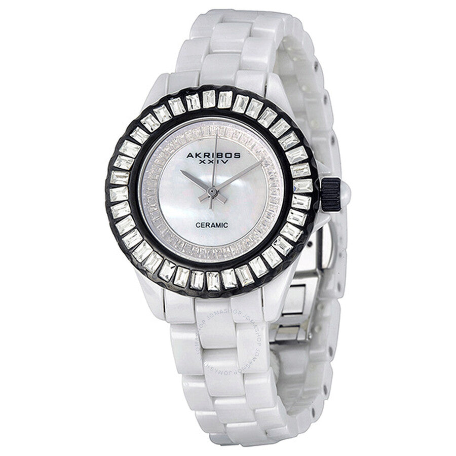Akribos XXIV Reloj de mujer con esfera de madreperla blanca de cerámica AK518BKW