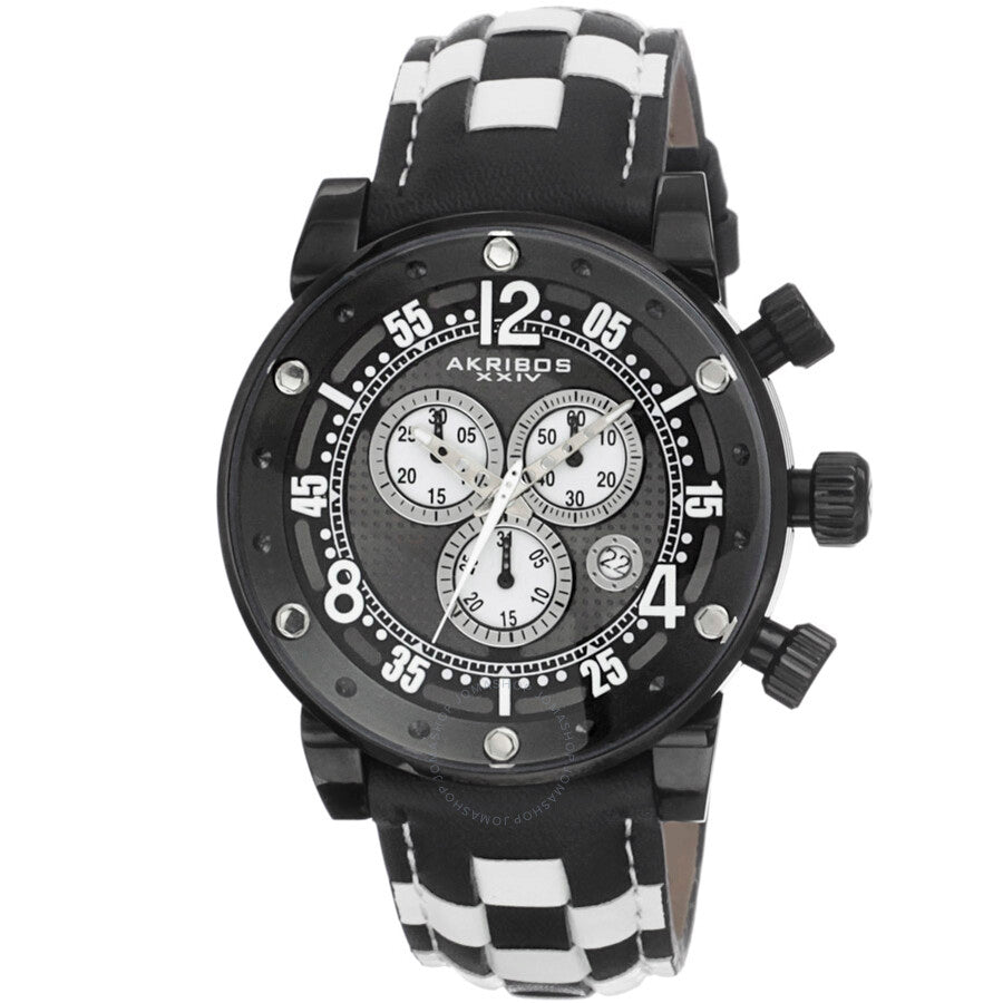 Akribos Xxiv Explorer AK612BK Reloj cronógrafo de acero con correa de cuero a cuadros en blanco y negro