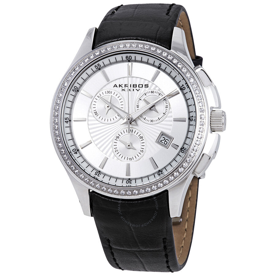Akribos XXIV Grandiose Crystal Chronograph Steel Black Leather Men's Watch AK615SS - The Watches Men & Co