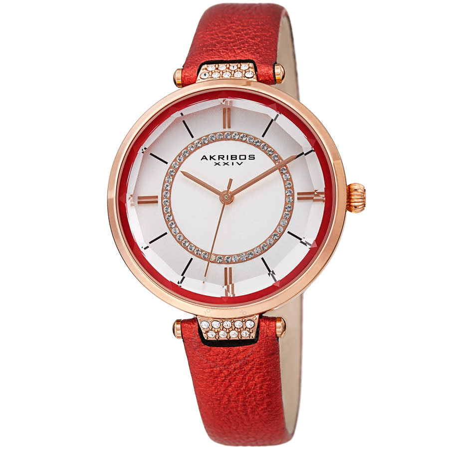 Akribos XXIV Quartz White Dial Red Leather Ladies Watch AK1116RD - The Watches Men & Co