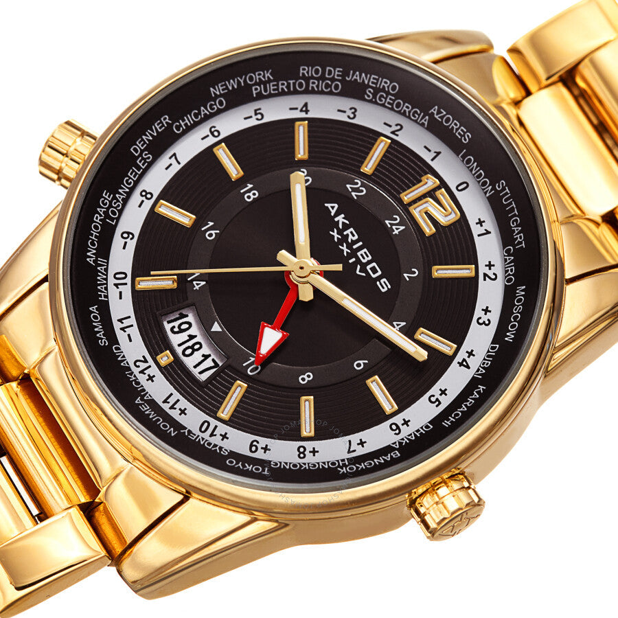 Reloj Akribos Xxiv World Time de cuarzo con esfera negra para hombre AK1021YGB