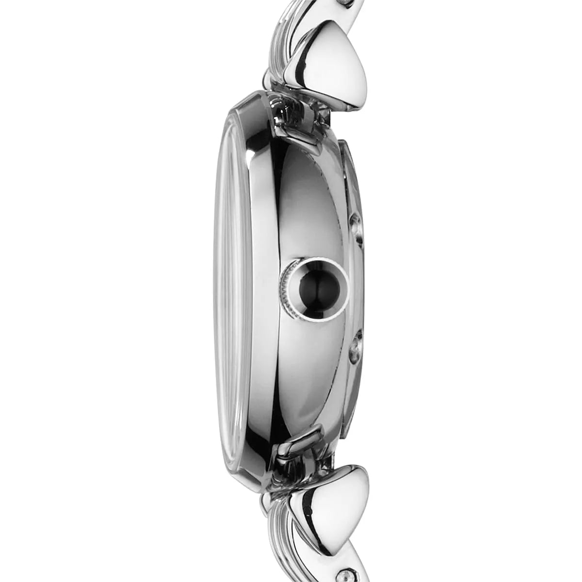 Angled side profile of Emporio Armani Gianni T-Bar Mini watch case with crown detail