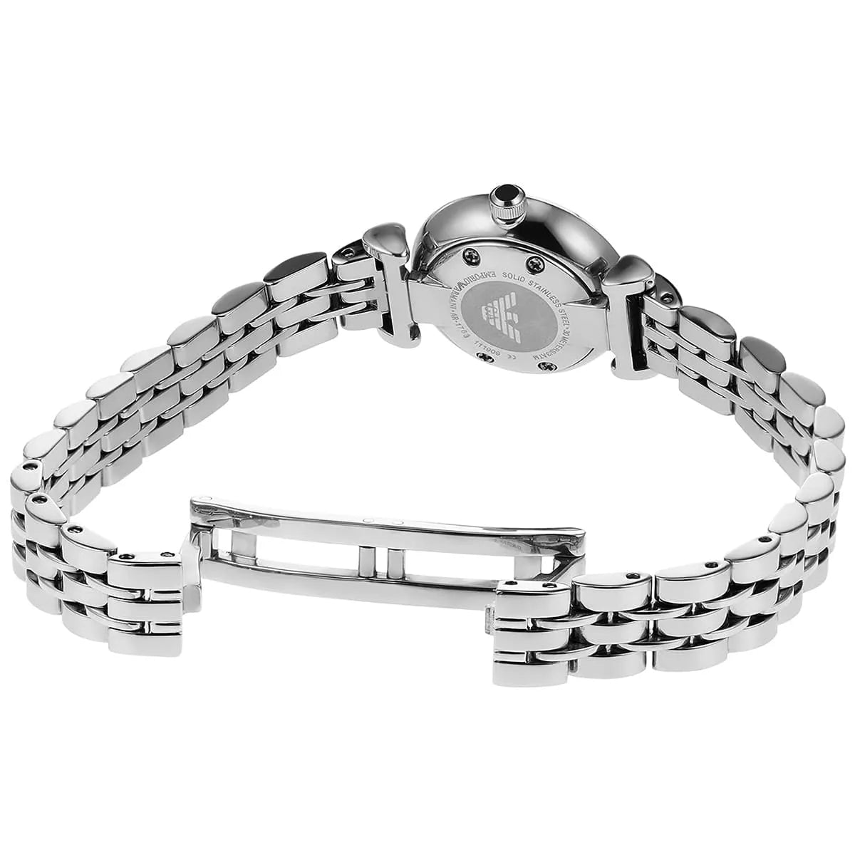 Caseback view of Emporio Armani AR1763 with stainless steel bracelet and Emporio Armani engraving