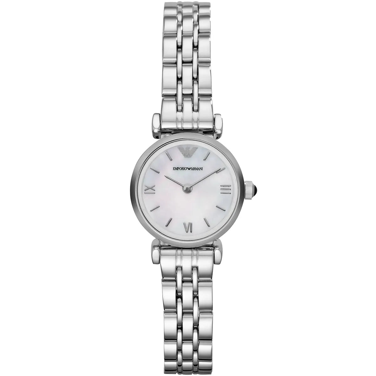 Emporio Armani Gianni T-Bar Mini watch with white MOP dial, silver stainless steel strap, Roman numeral markers