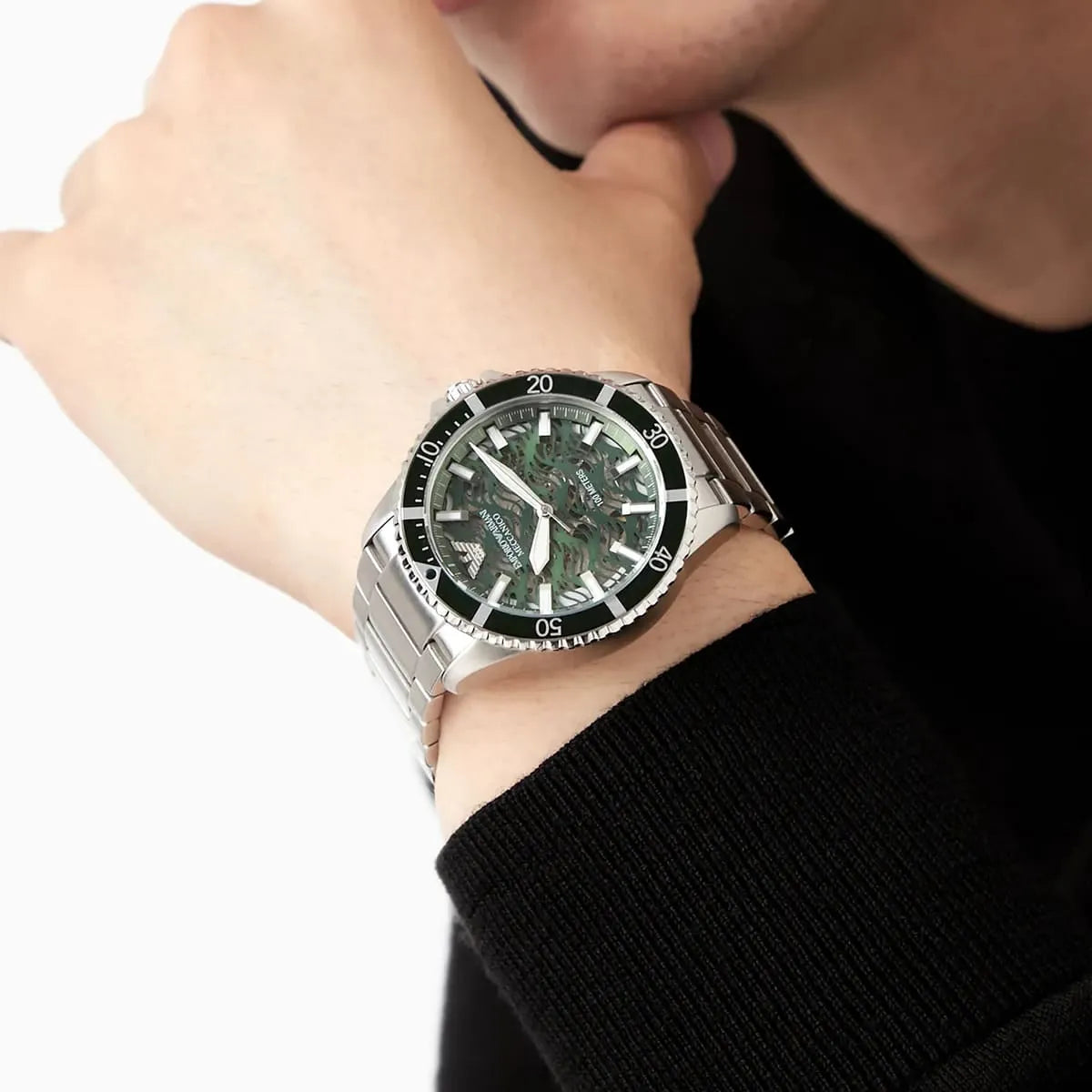 Emporio Armani Diver Automatic Skeleton Dial Silver Watch - AR60061