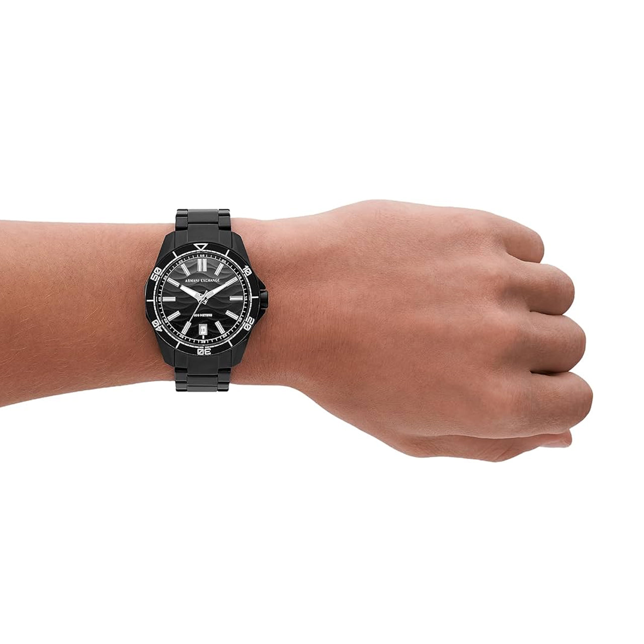 Armani Exchange AX1952 black watch worn on wrist showing dial and bracelet