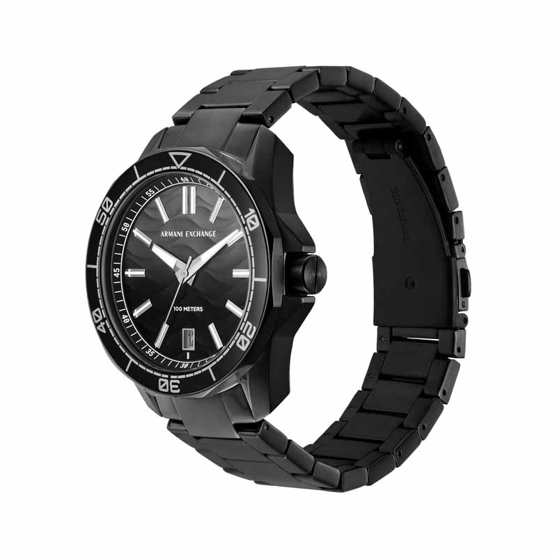 Armani Exchange AX1952 three-quarter view showing black stainless steel bracelet