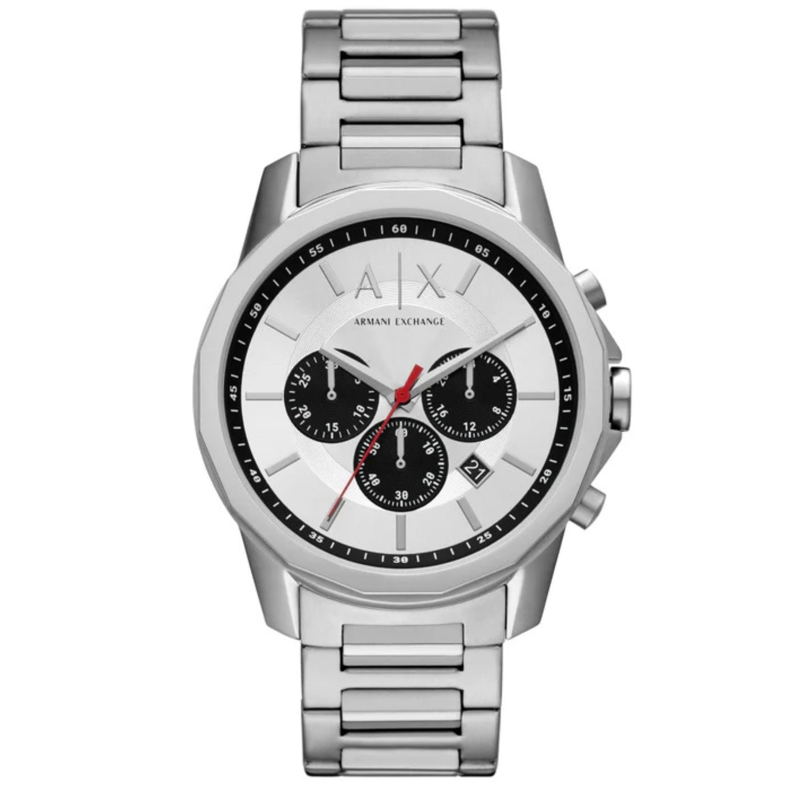 Armani Exchange Banks AX1742 silver chronograph watch with white dial and black subdials