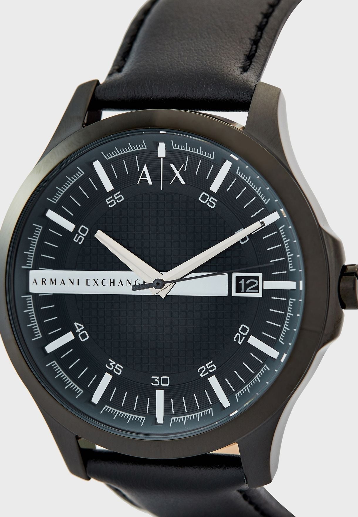 Armani Exchange AX2411 Hampton angled view showing blue dial and date window