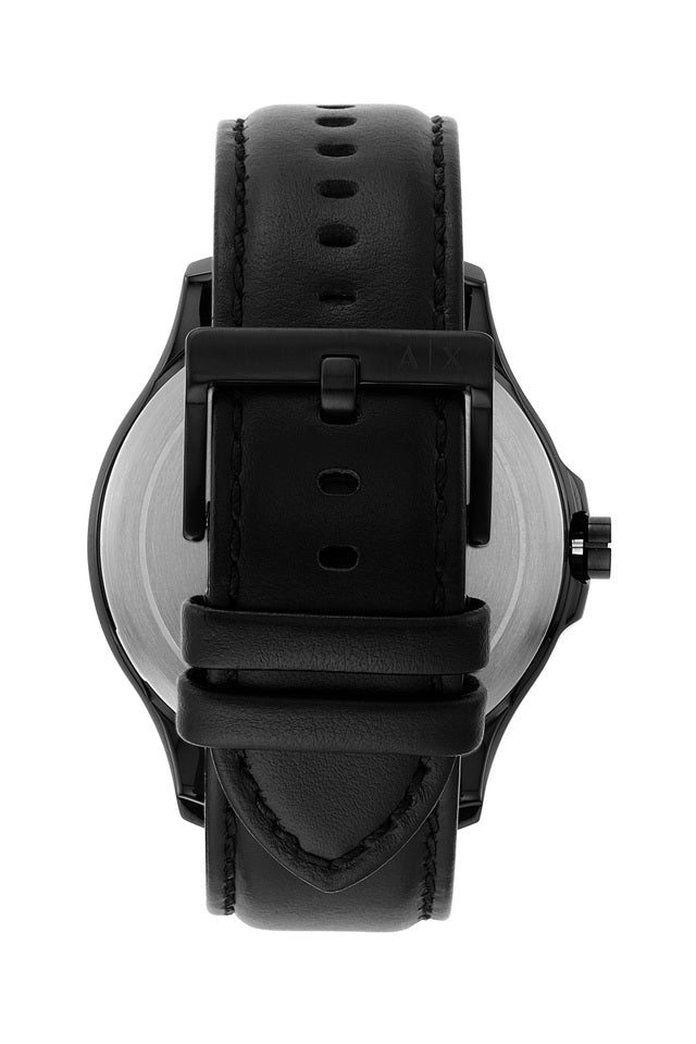Armani Exchange AX2411 case back showing black leather strap details