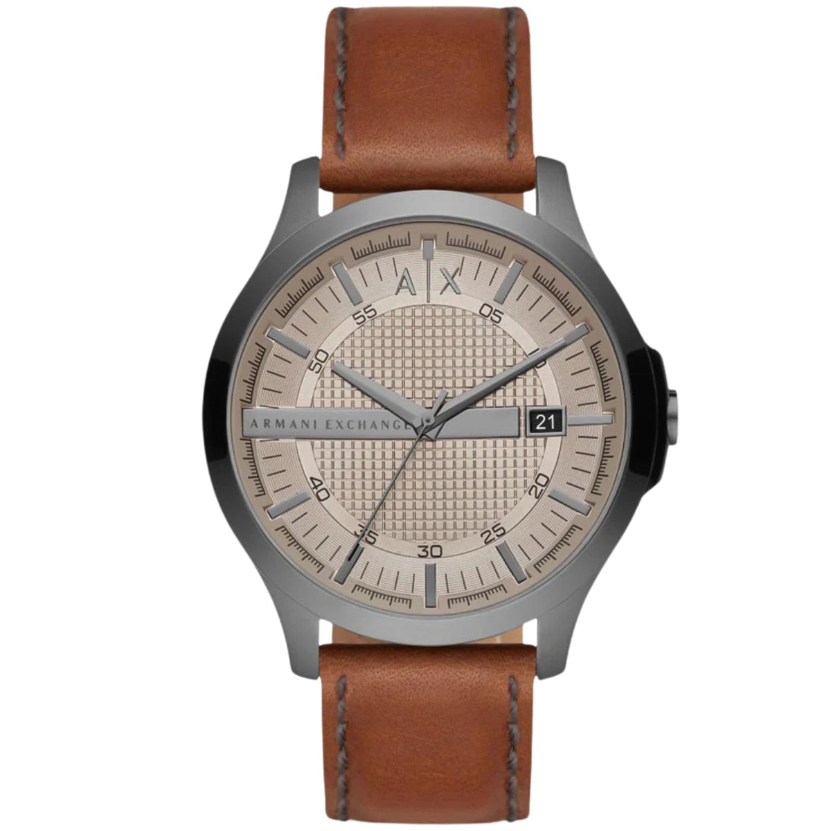 Armani Exchange Hampton AX2414 watch with grey dial, brown leather strap, and date window