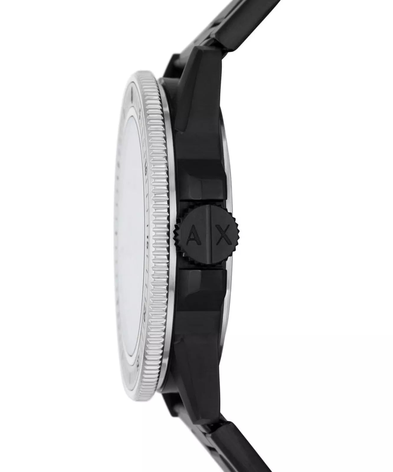 Armani Exchange Leonardo AX1858 side profile showing teal bezel and black stainless steel case