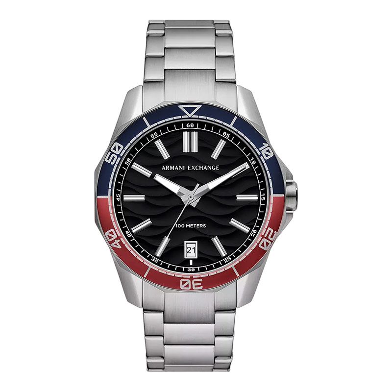 Armani Exchange Spencer men's watch with black dial, silver-tone bracelet, blue and red bezel
