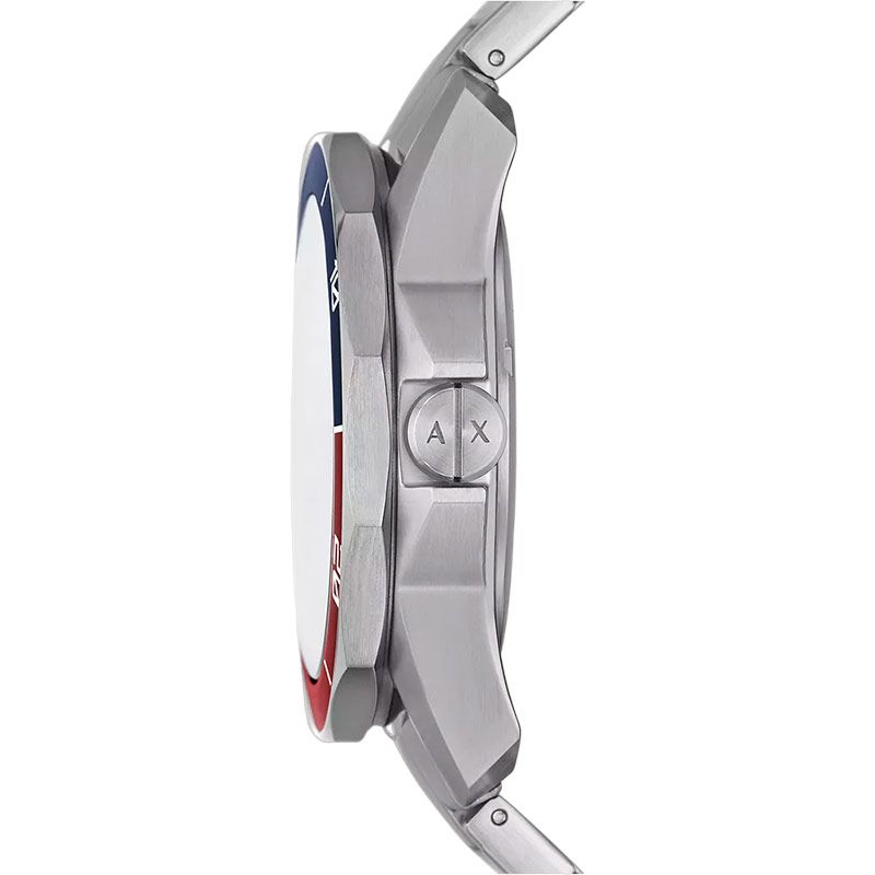 Side view of Armani Exchange Spencer watch showing silver-tone case profile and red bezel accent