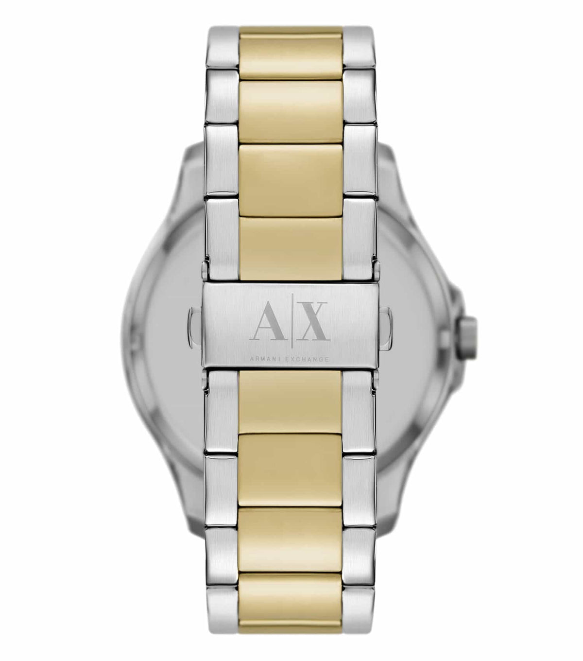 Armani Exchange Hampton AX2453 caseback view showing two-tone bracelet and AX logo