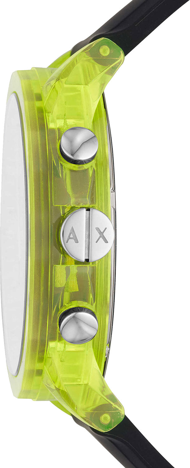 Side view of AX1337 watch showing lime green case profile with black strap and pushers