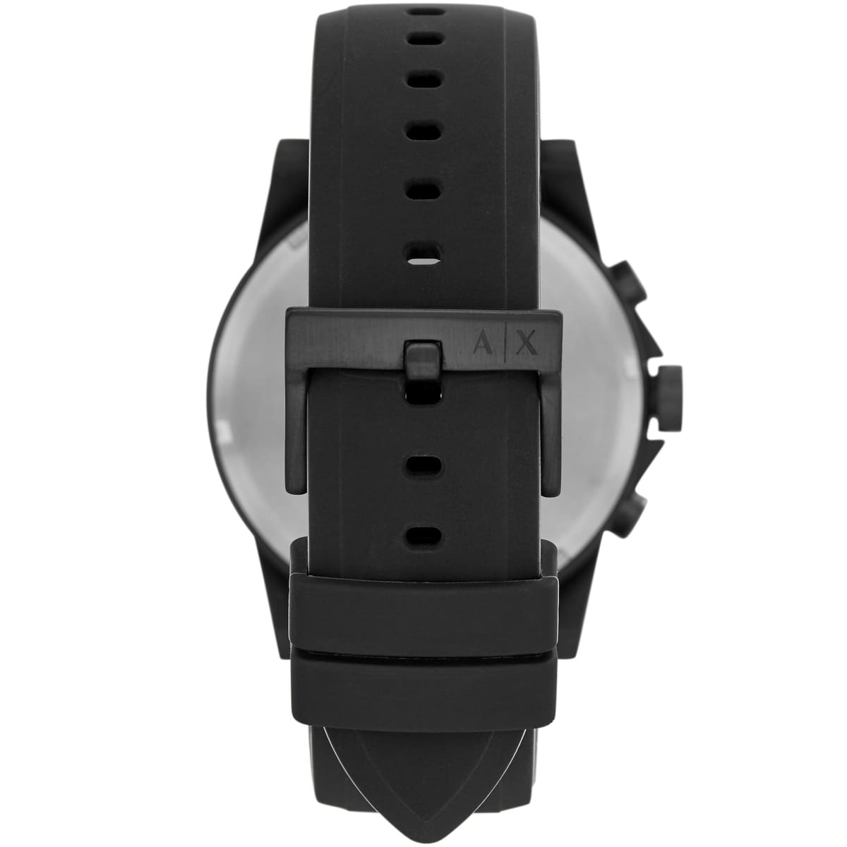 Caseback view of AX1343 watch with silver case back and AX logo, black rubber strap