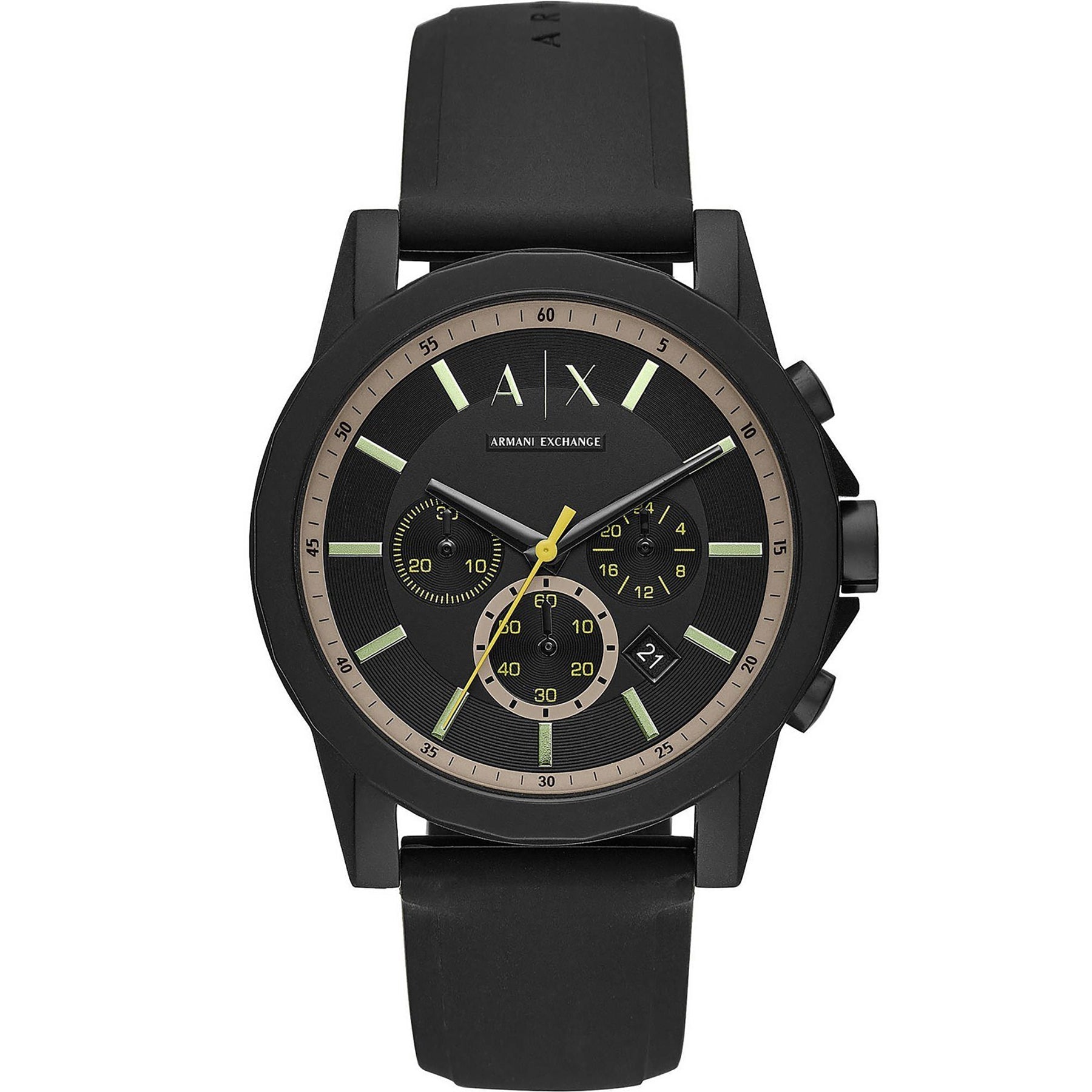 Armani Exchange AX1343 chronograph watch with black dial, rose gold bezel accents, and black rubber strap