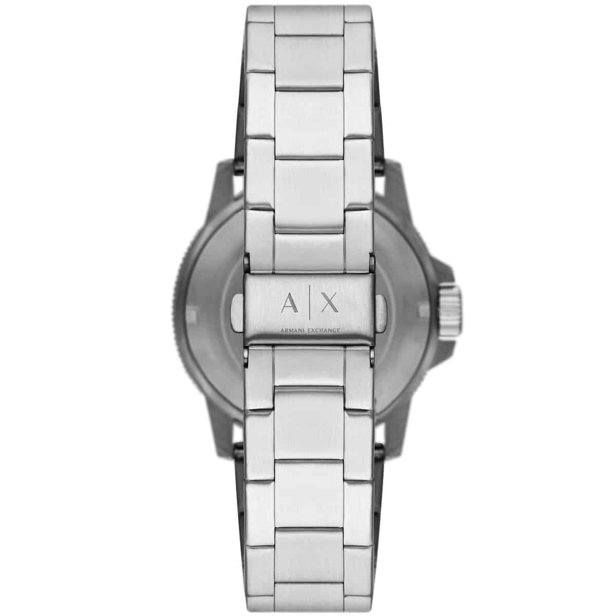Armani Exchange Leonardo watch caseback view displaying AX logo on silver stainless steel band