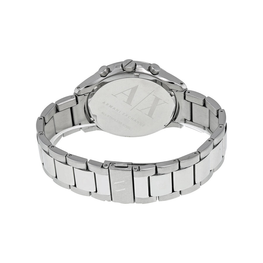 Armani Exchange Hampton watch caseback showing silver-tone stainless steel with AX branding