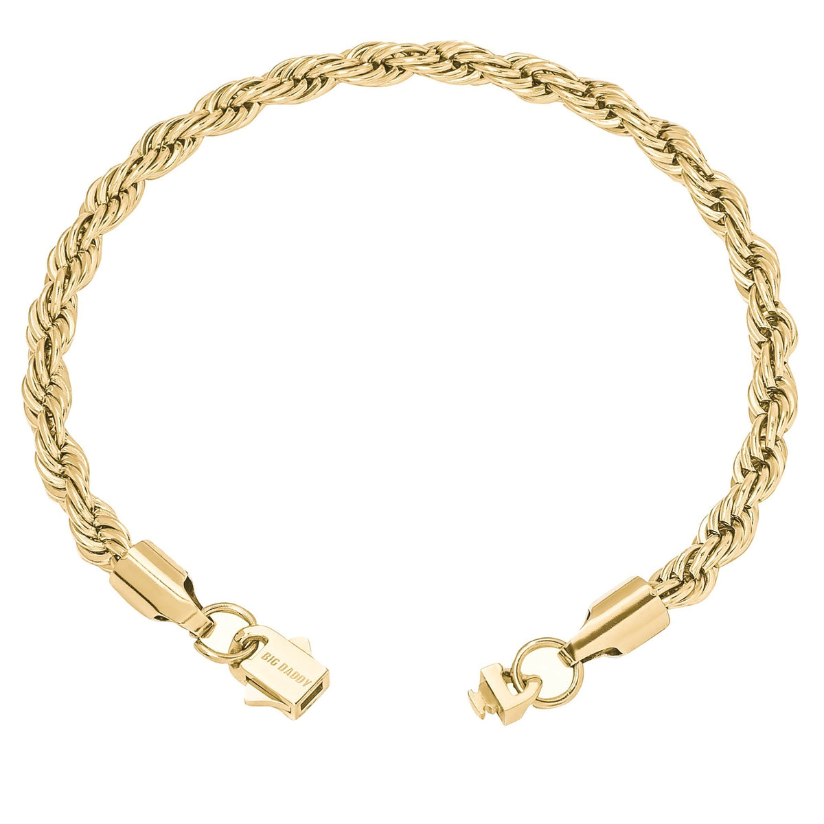 Close-up of gold rope bracelet clasp and chain detail