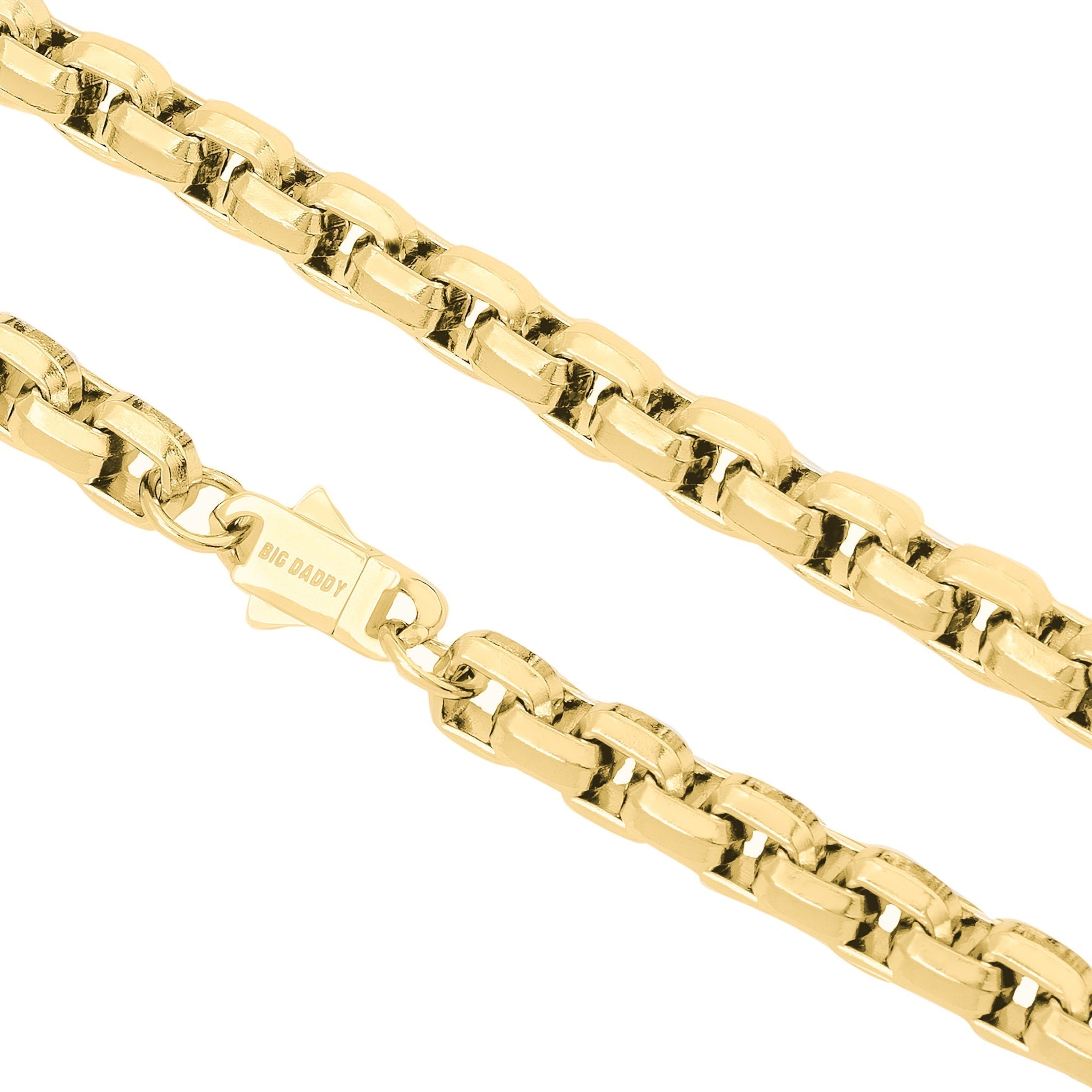 Close-up detail of 8MM gold franco box chain links and clasp
