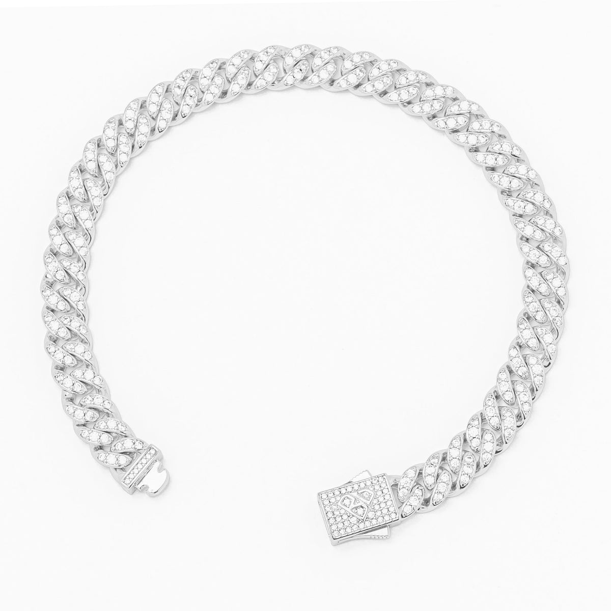 8MM silver Cuban link bracelet at angle showing iced-out design and clasp detail
