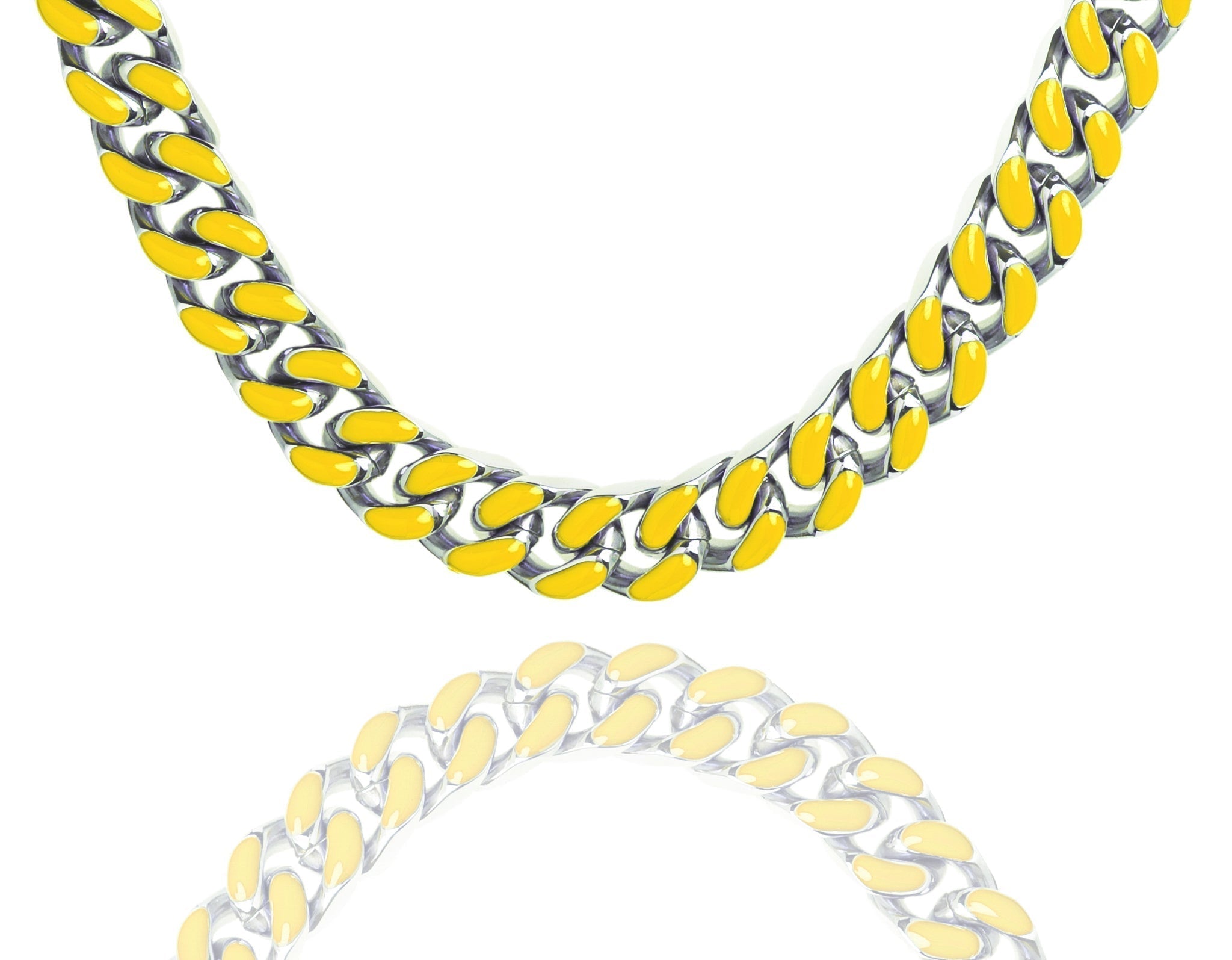 9MM yellow enamel and steel Cuban chain necklace displayed front and back
