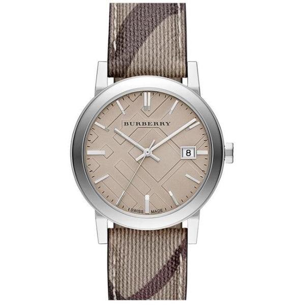Burberry marrón a cuadros correa de cuero reloj unisex BU9029