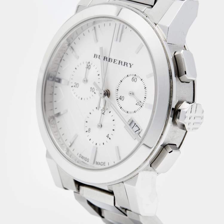 Burberry The City chronograph watch side angle view showing stainless steel bracelet and case