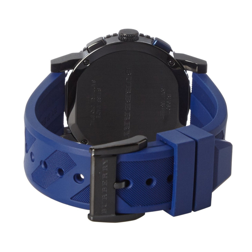 Burberry City Sport watch caseback showing blue rubber strap and black case back
