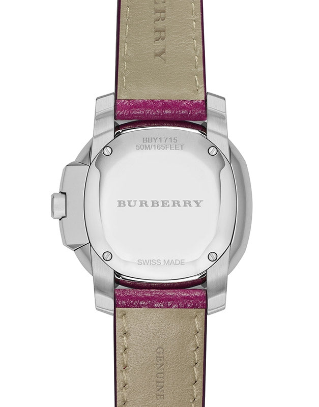 Caseback of Burberry The Britain watch showing model number, Swiss made, and water resistance