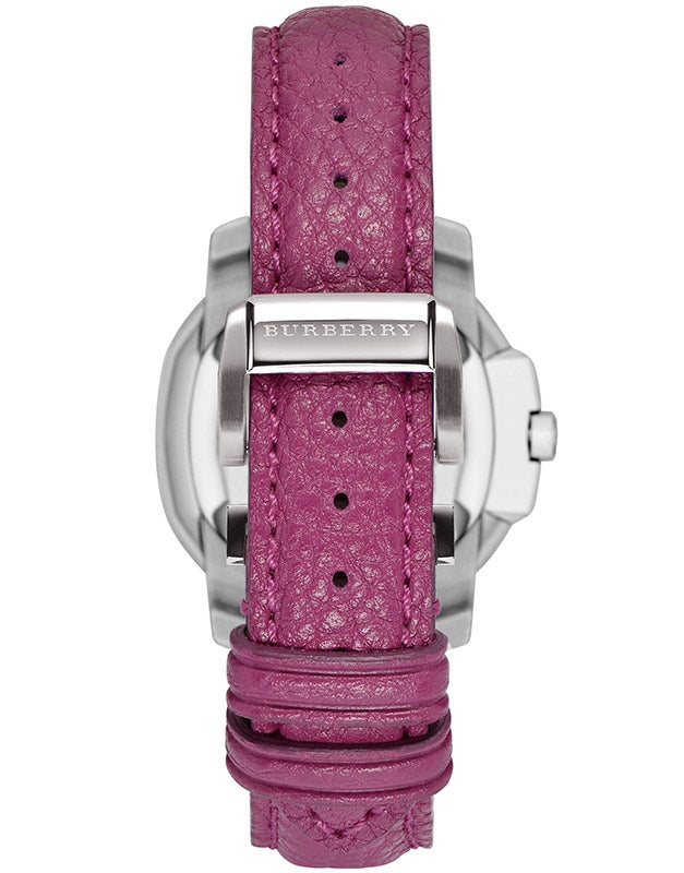 Pink leather strap of Burberry The Britain watch with stitching detail and Burberry branding
