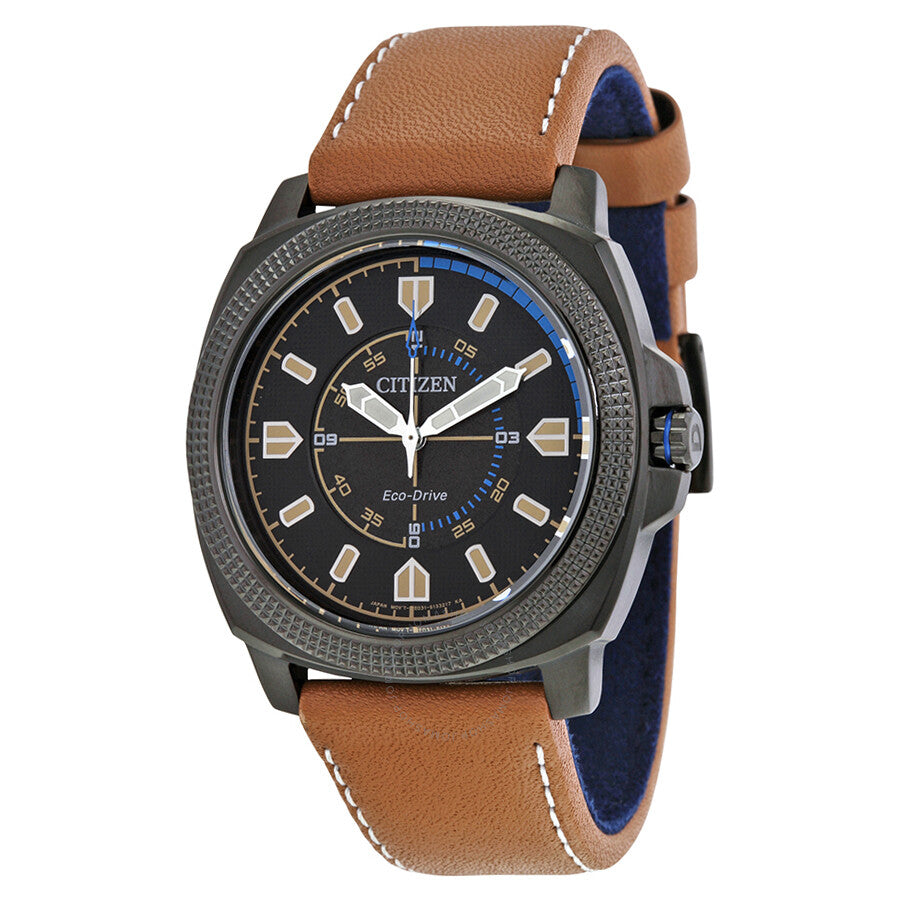 Citizen CTO Eco-Drive Black Dial Khaki Leather Strap Men's Watch BJ6475-00E