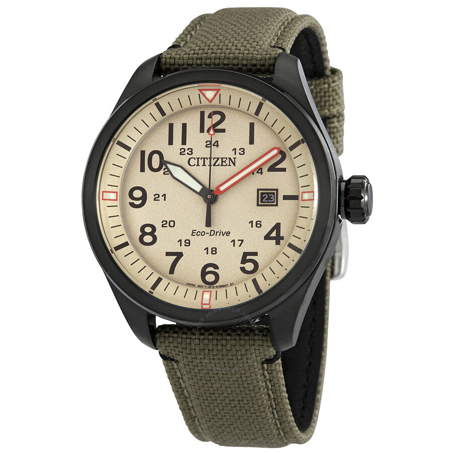 Citizen Eco-Drive Beige Dial Khaki Green Nylon Men's Watch AW5005-12X - The Watches Men & Co