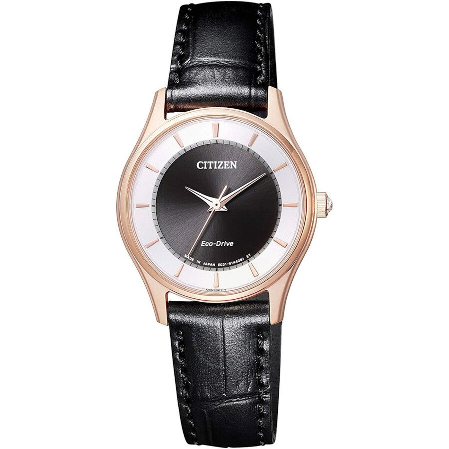Citizen Eco-Drive Black Dial Black Leather Ladies Watch EM0402-05E - The Watches Men & Co