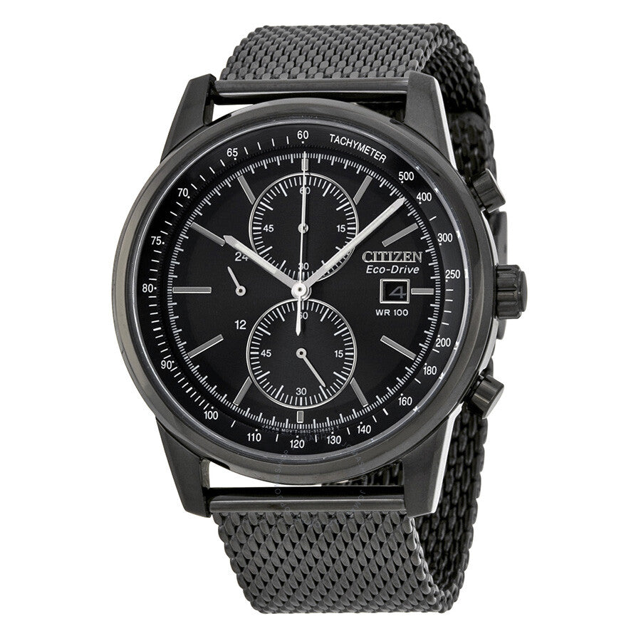 Citizen Eco-Drive Chronograph Black Dial Black Ion-plated Mesh Men's Watch CA0338-57E