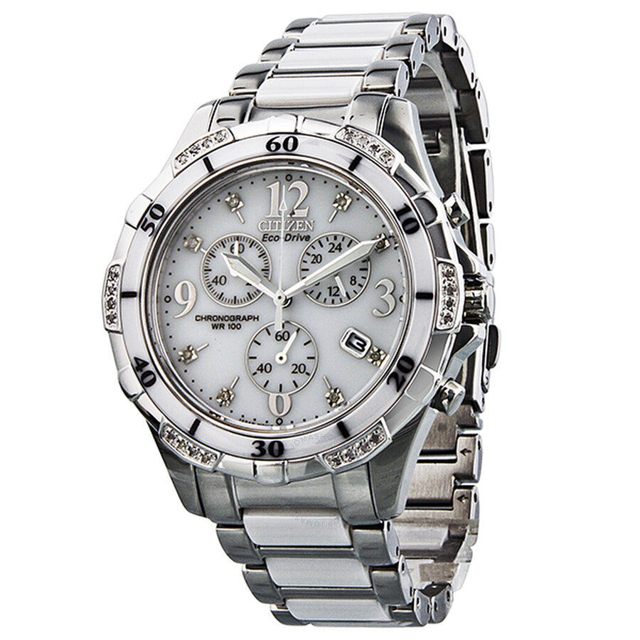 Citizen Eco-Drive Chronograph Diamond White Dial Stainless Steel and Ceramic Ladies Watch FB1230-50A - The Watches Men & Co