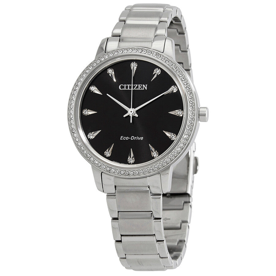 Citizen Eco-Drive Crystal Black Dial Stainless Steel Ladies Watch FE7040-53E - The Watches Men & Co