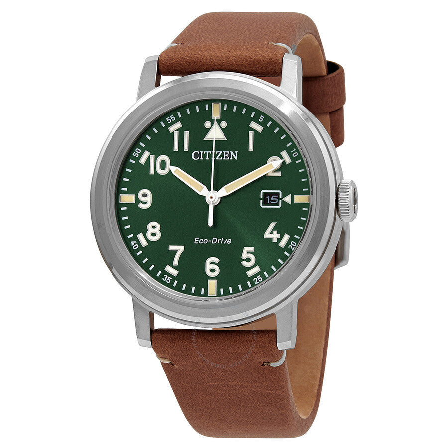 Citizen Eco-Drive Green Dial Brown Leather Men's Watch AW1620-13X - The Watches Men & Co