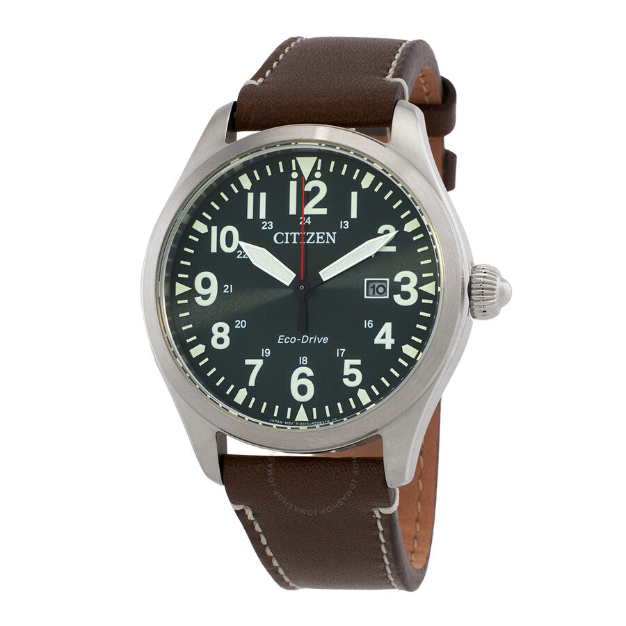 Citizen Eco-Drive Green Dial Brown Leather Men's Watch BM6838-25X - The Watches Men & Co