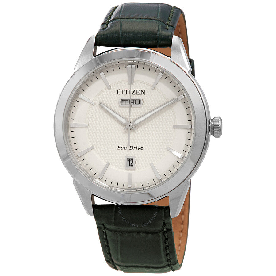 Citizen Eco-Drive Ivory Dial Green Leather Men's Watch AW0090-11Z - The Watches Men & Co