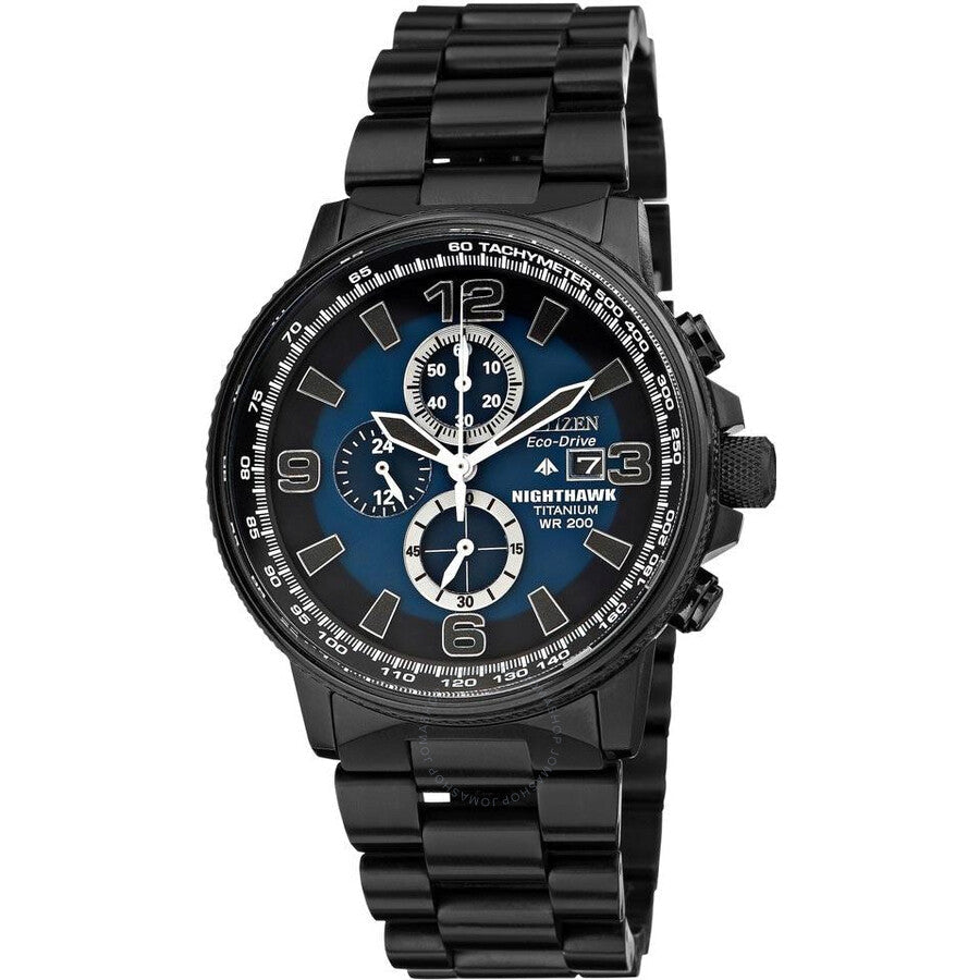 Citizen Eco Drive Nighthawk Blue Dial Black IP Titanium Men's Watch CA0505-57L - The Watches Men & Co