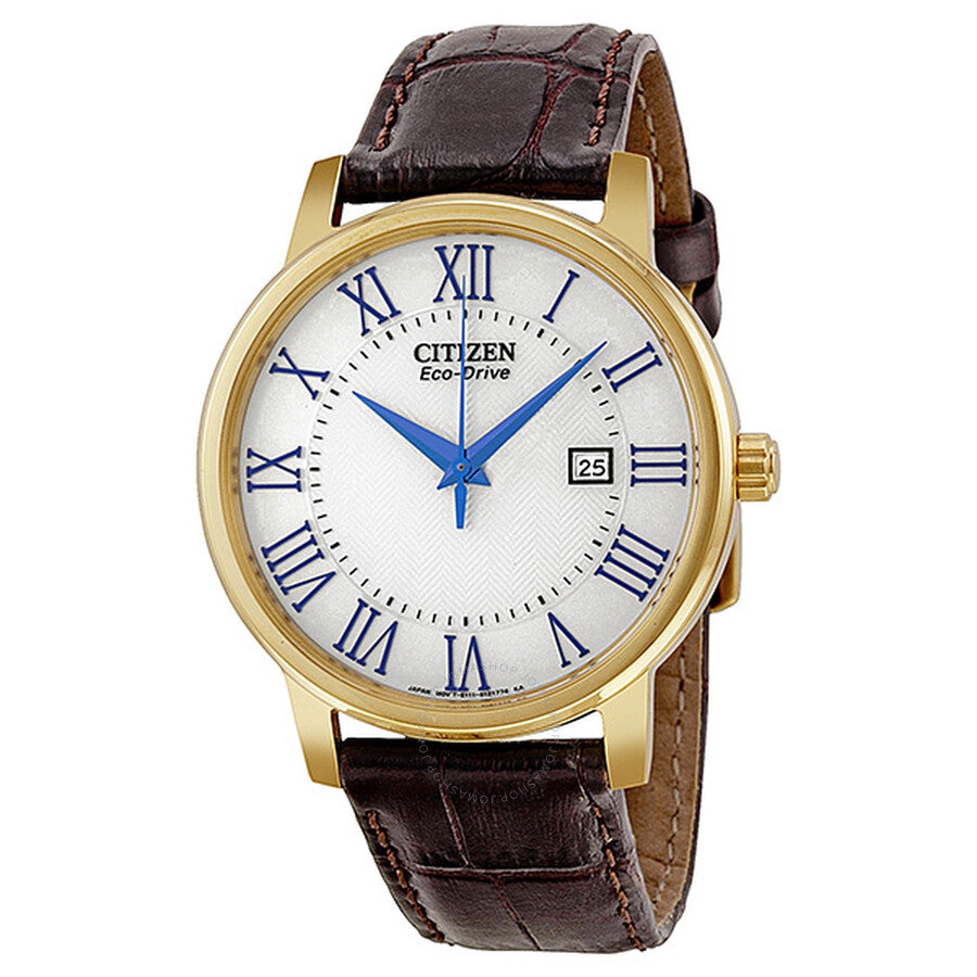 Citizen Eco Drive Silver Dial Gold Tone Brown Leather Men's Watch BM6752-02A - The Watches Men & Co