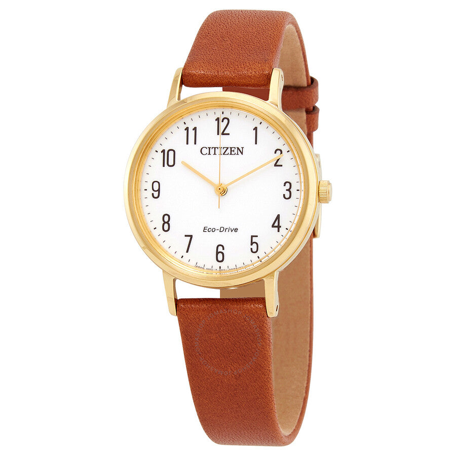 Citizen Eco-Drive White Dial Brown Leather Ladies Watch EM0578-17A - The Watches Men & Co