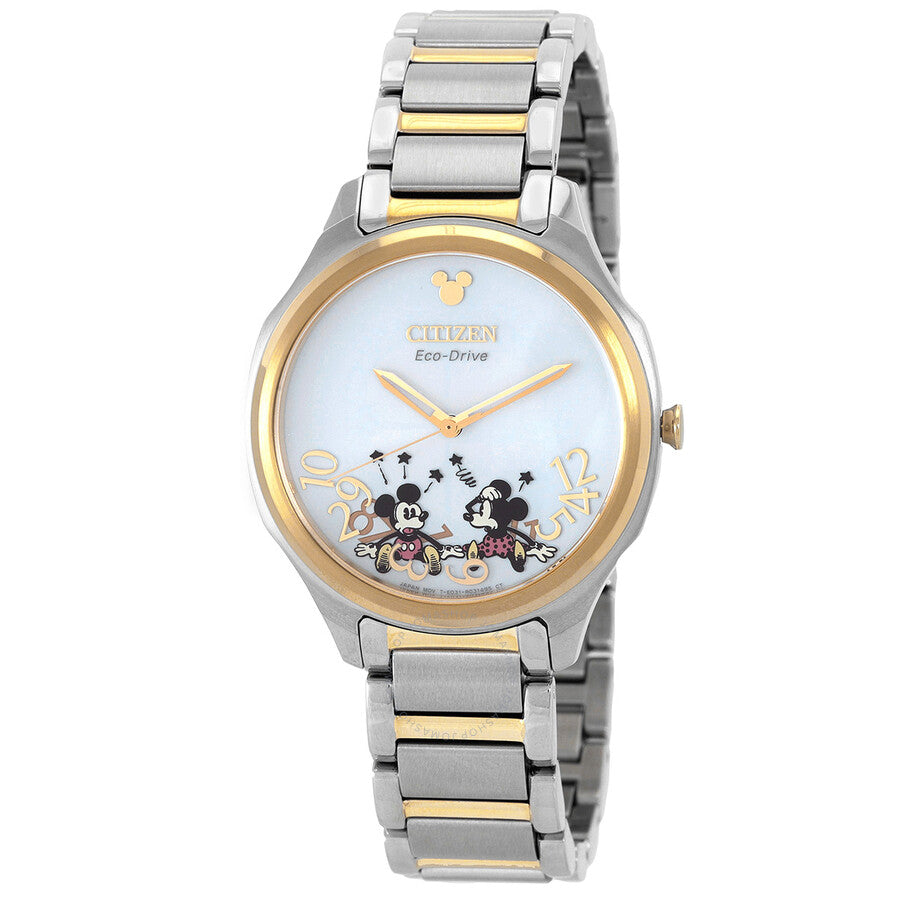 Citizen Falling Mickey & Minnie Silver Dial Two-Tone Ladies Watch EM0754-59W - The Watches Men & Co