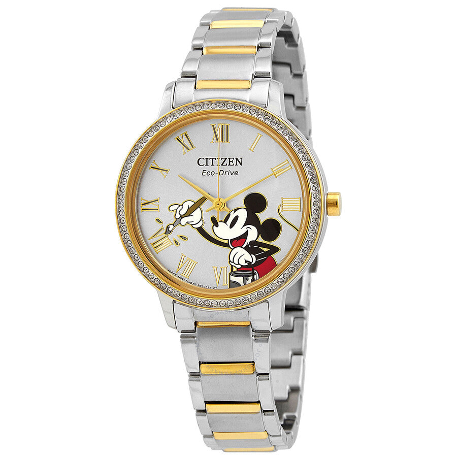 Citizen Mickey Mouse Eco-Drive Crystal Silver Dial Ladies Watch FE7044-52W - The Watches Men & Co