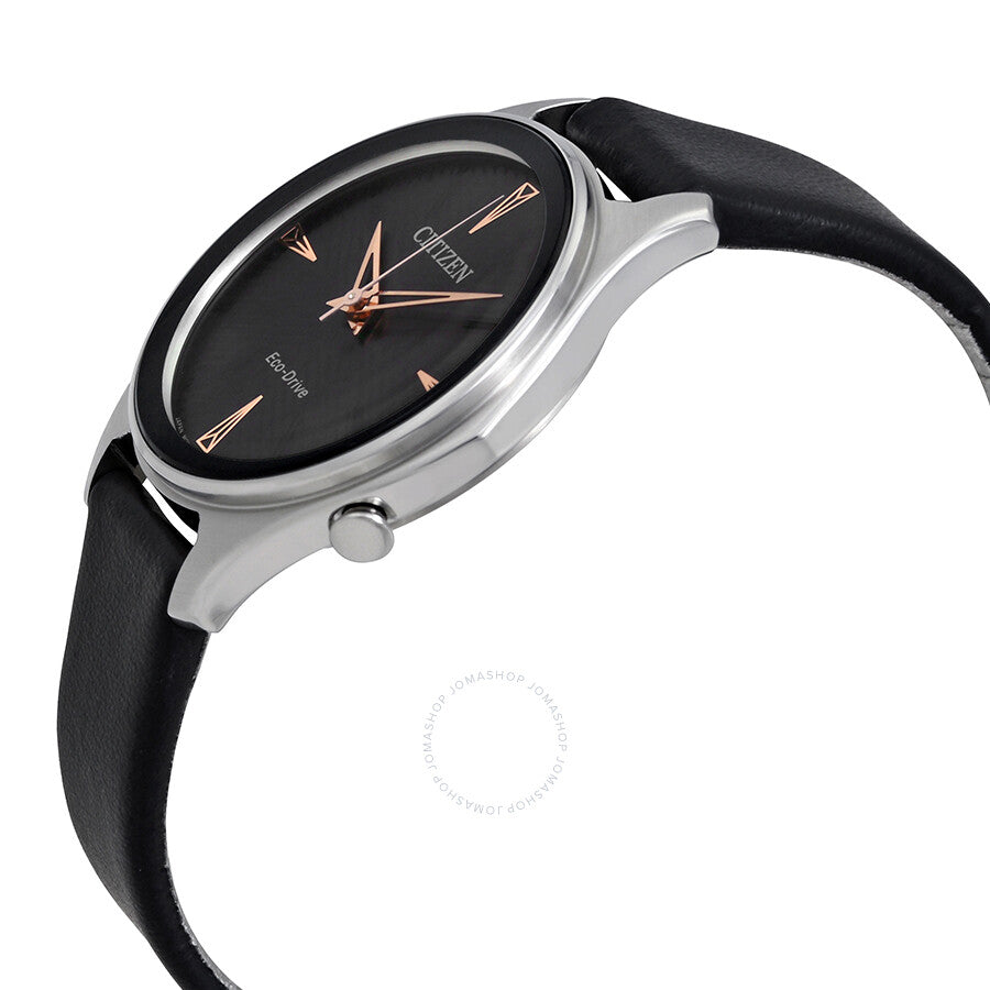 Citizen Modena Black Dial Black Leather Ladies Watch EM0591-01E