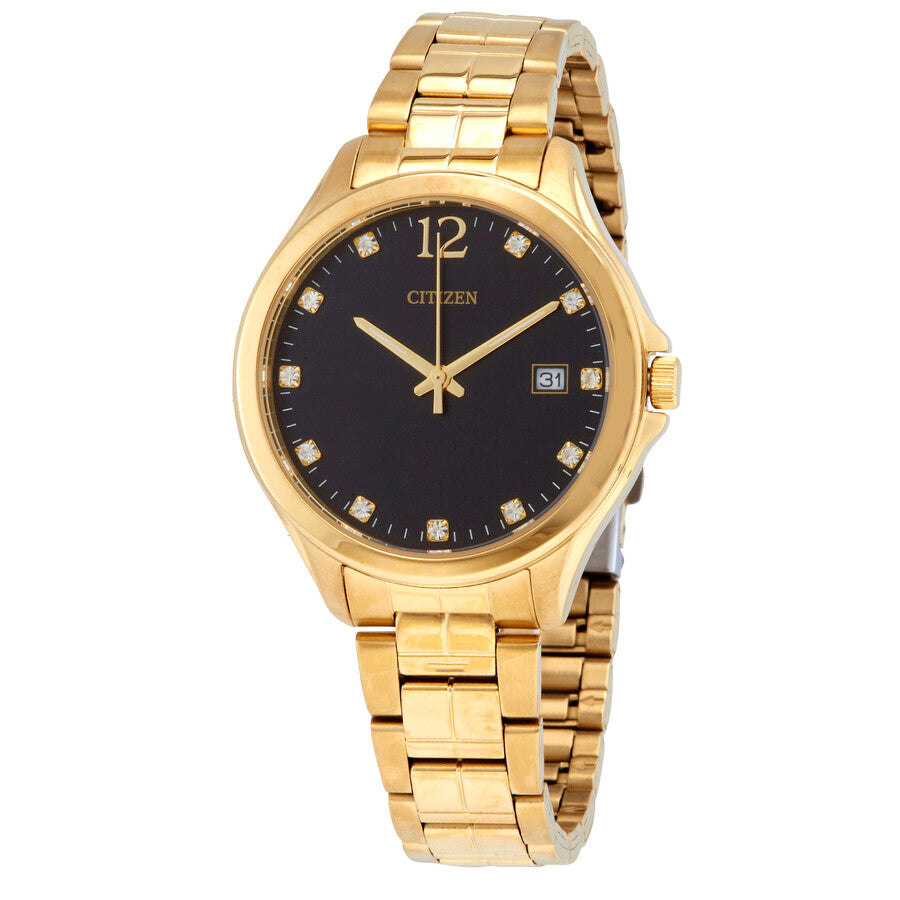 Reloj Citizen para mujer con cristal de cuarzo, esfera negra, tono oro amarillo EV0052-50E